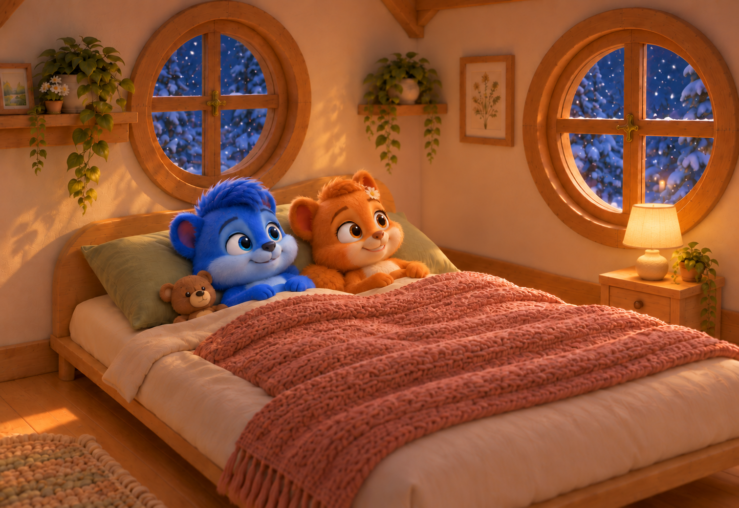 Puschel und Flauschi schauen aus ihrem gemeinsamen Bett auf die Schneeflocken. Der kleine braune Teddy lehnt an Puschels Kissen.