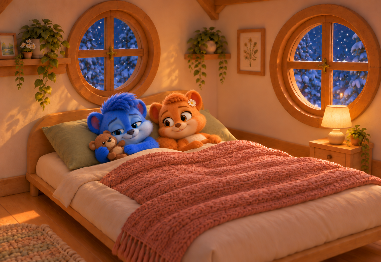 Die gleich großen Wuselhörnchen liegen nebeneinander. Puschel hält seinen kleinen braunen Teddy an die Wange.