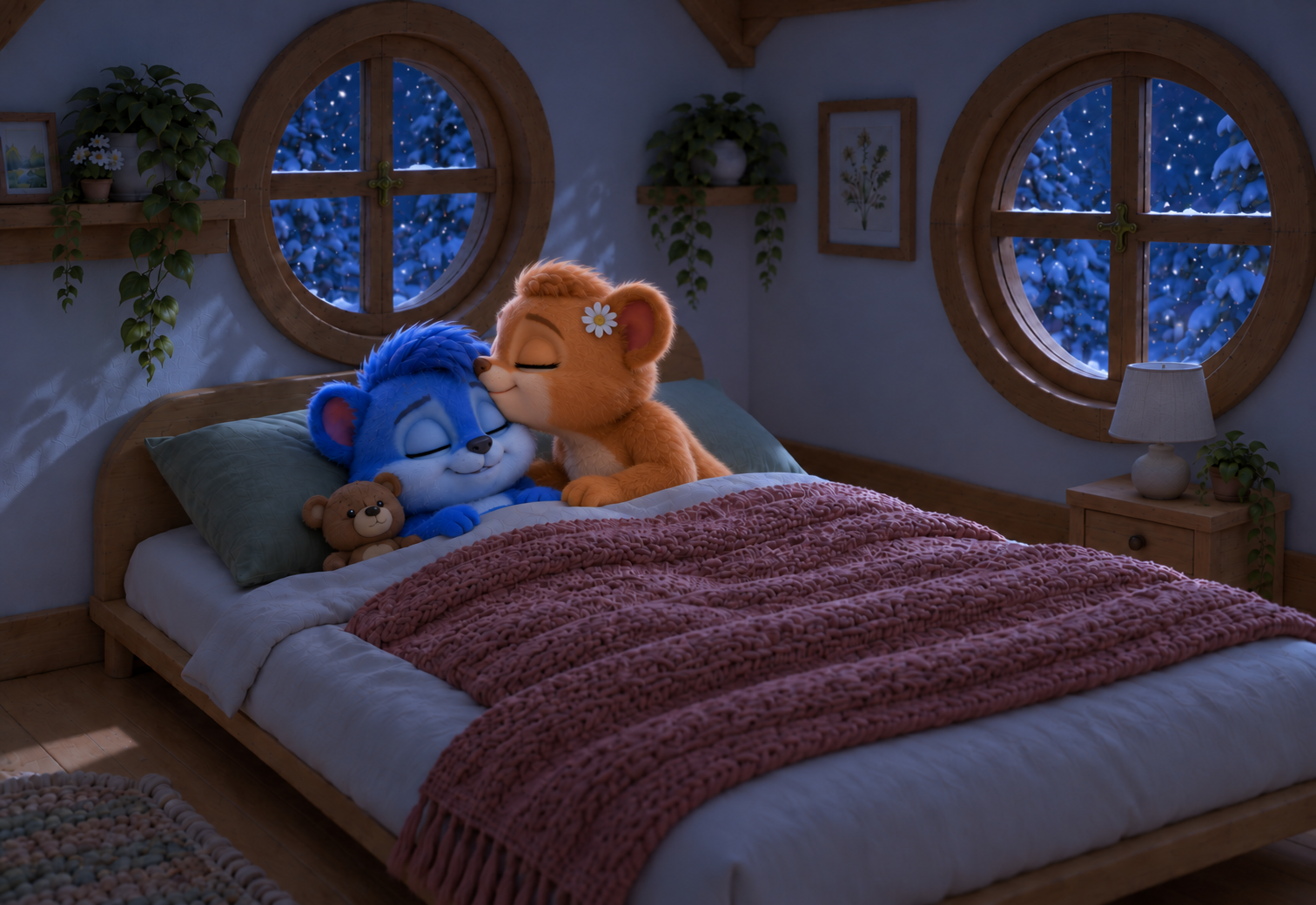 Flauschi gibt Puschel einen sanften Kuss auf die Stirn. Teddy liegt an seiner Wange. Die Lampe rechts unter dem Rundfenster ist aus.