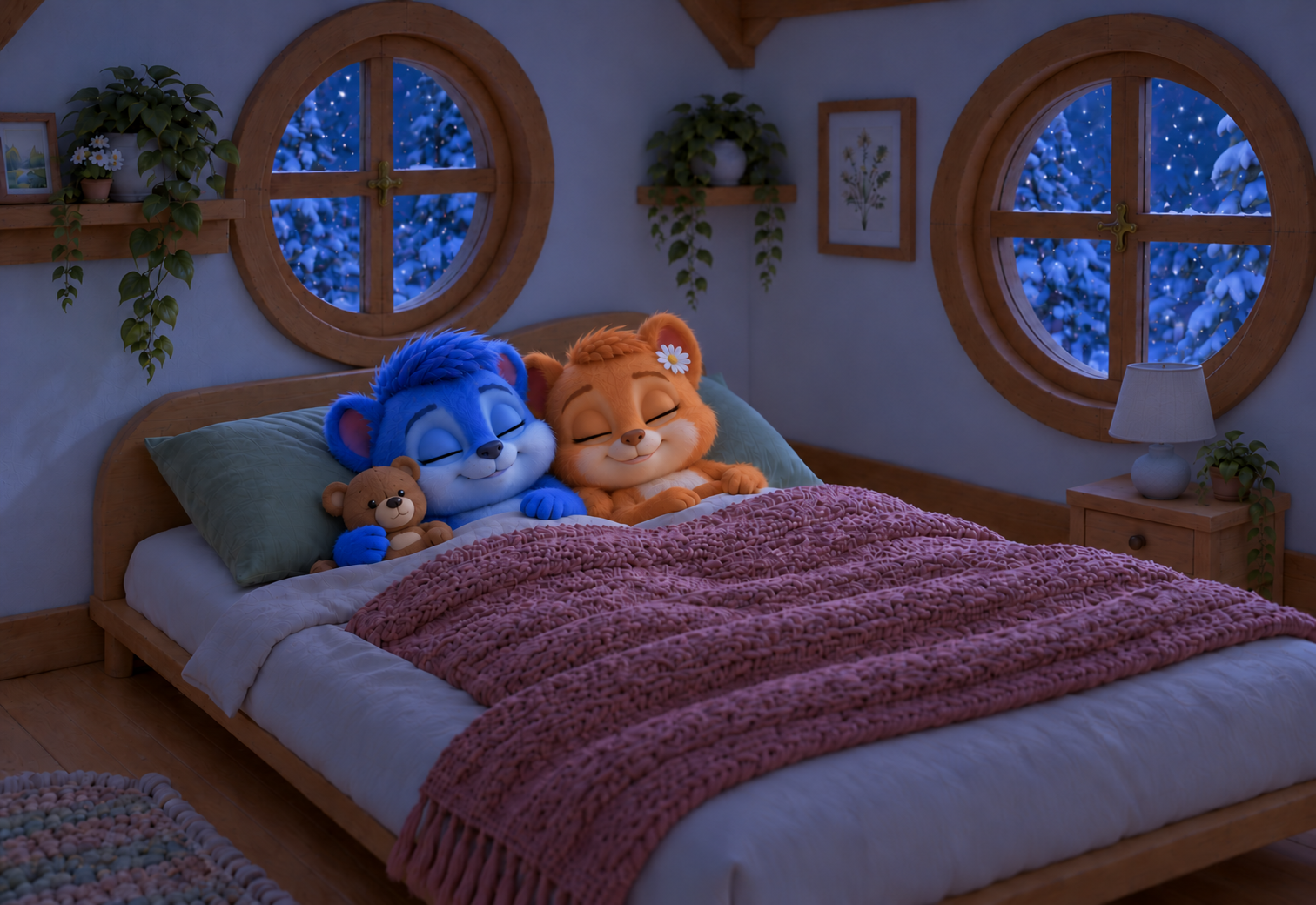 Puschel und Flauschi schlafen unter der rosa Strickdecke. Der kleine braune Teddy ruht an Puschels Wange. Schnee liegt draußen vor den zwei Rundfenstern.