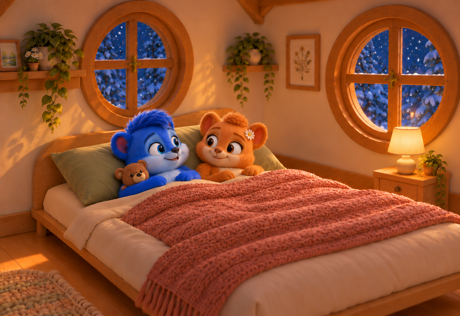 Puschel liegt links neben Flauschi im Bett und hält den kleinen braunen Teddy. Die Lampe steht rechts unter dem Rundfenster.