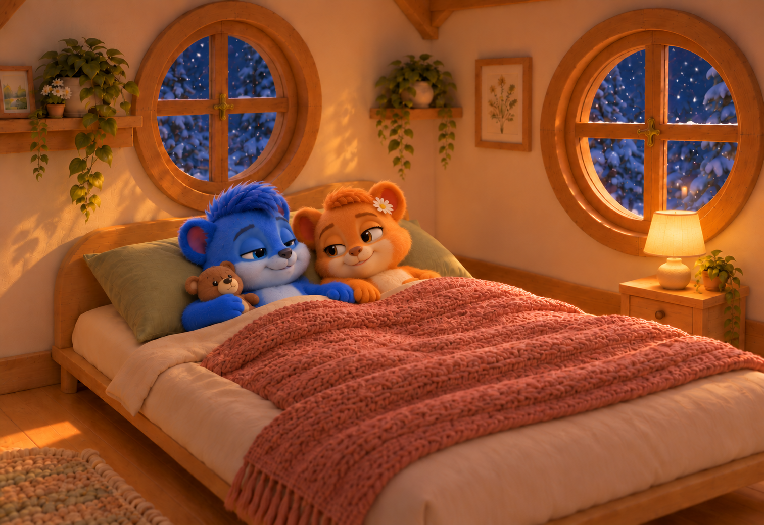 Puschel und Flauschi berühren sanft ihre Pfoten auf der rosa Strickdecke. Teddy liegt geborgen in Puschels Arm.