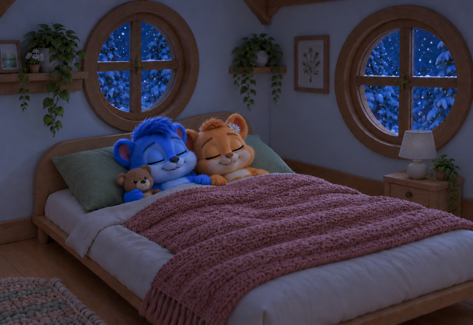 Puschel und Flauschi schlafen mit dem kleinen braunen Teddy. Die Lampe rechts am unveränderten Platz ist ausgeschaltet.