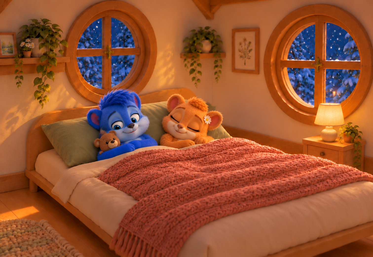 Flauschi schläft rechts auf ihrem grünen Kissen. Links ist Puschel noch wach und kuschelt leise mit dem kleinen braunen Teddy. Die Lampe steht unverändert rechts unter dem Rundfenster.
