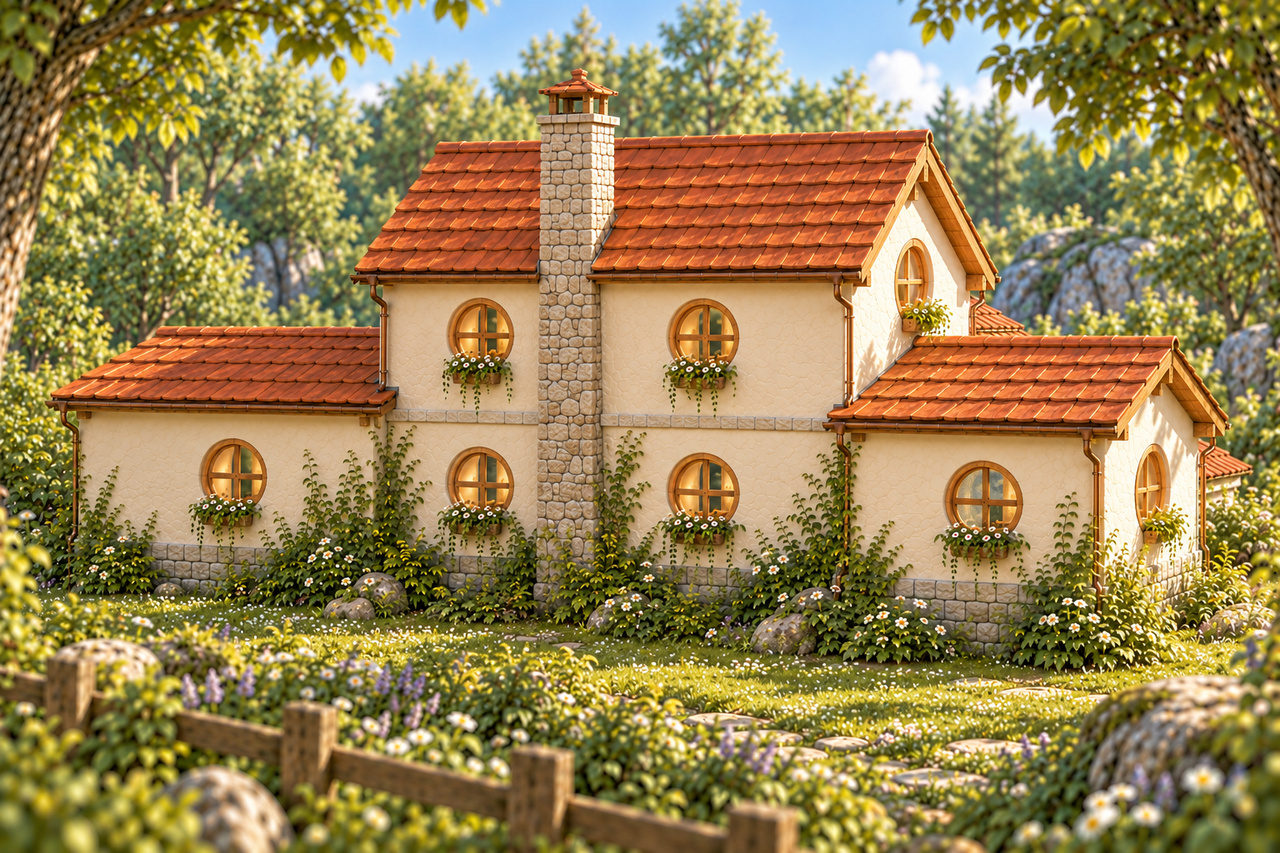 Wuselhaus von hinten mit steinernem Kamin, runden Fenstern, Blumenkästen und zwei niedrigen Anbauten im warmen Waldlicht