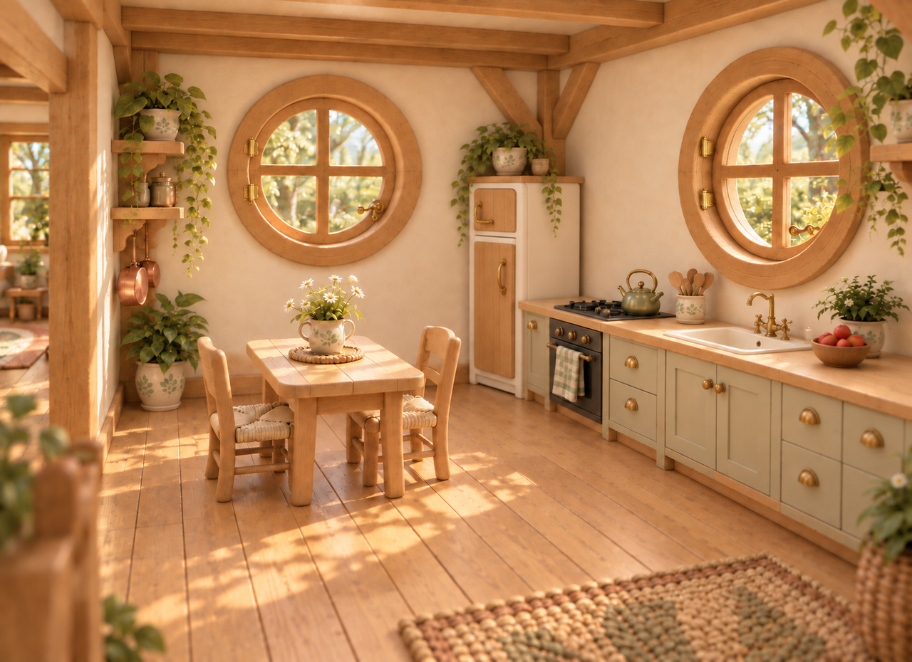 Helle Holzküche mit zwei Stühlen, kleinem Tisch, Kühlschrank in der Ecke, Backofen und Spüle