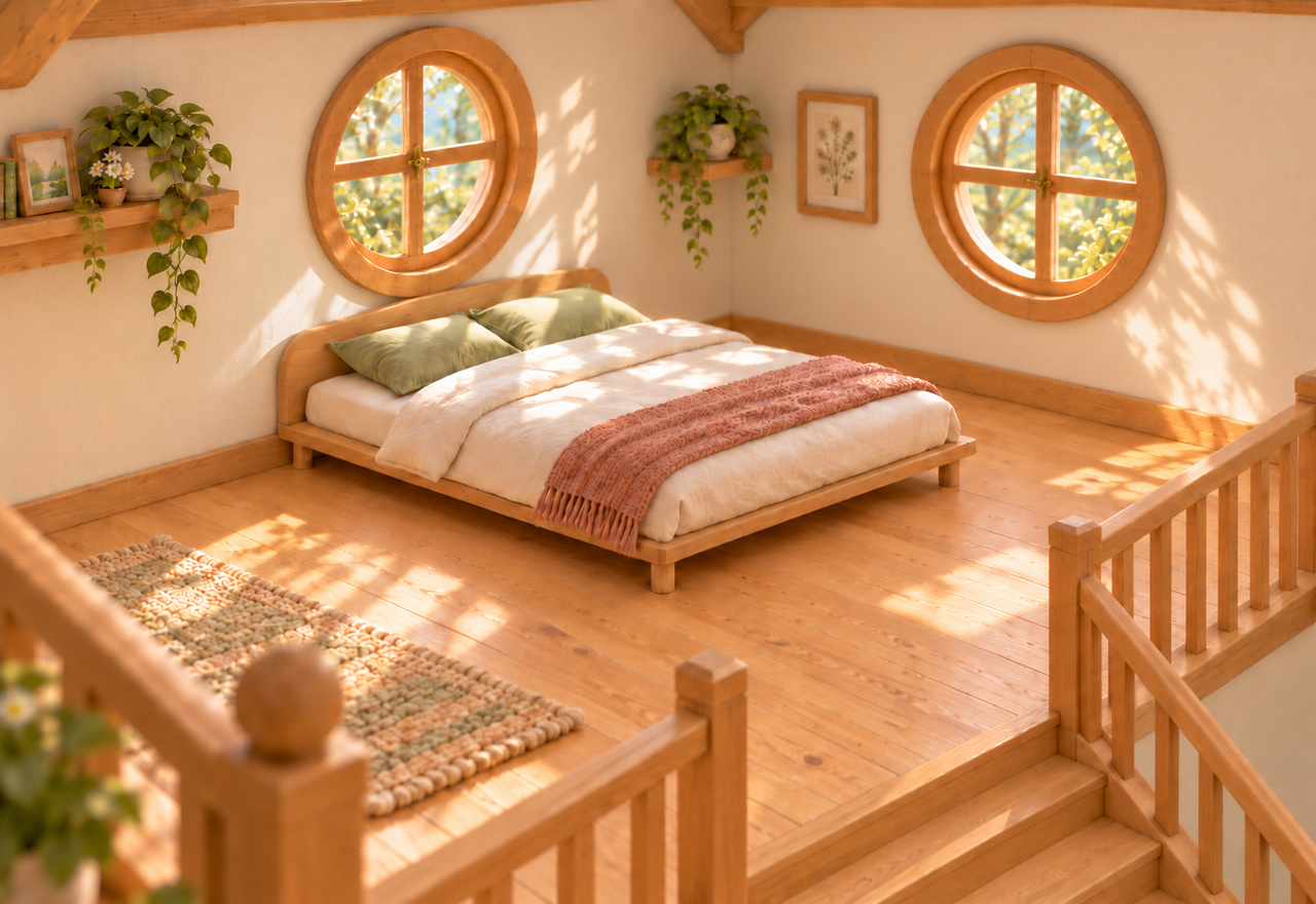 Helles Schlafzimmer mit gemeinsamem Holzbett, grünen Kissen, rosa Decke, zwei runden Fenstern und umwehrtem Treppenaustritt