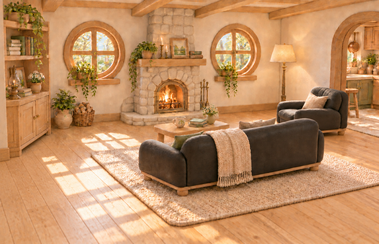 Helles Wohnzimmer mit schwarzem Sofa und Sessel, niedrigem Holztisch, Steinkamin und runden Fenstern