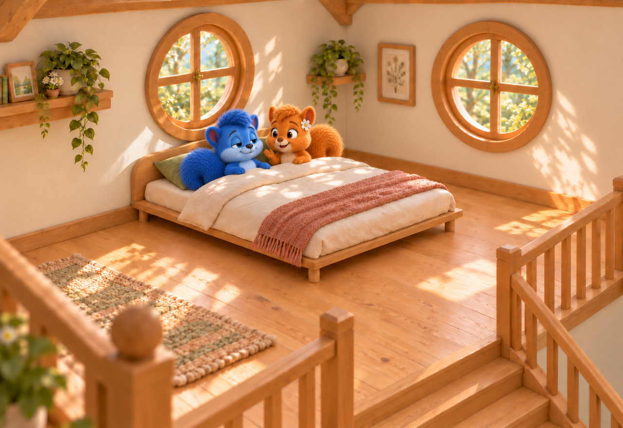 Puschel wird im gemeinsamen Bett schläfrig, während Flauschi noch eine kleine Geschichte erzählt.