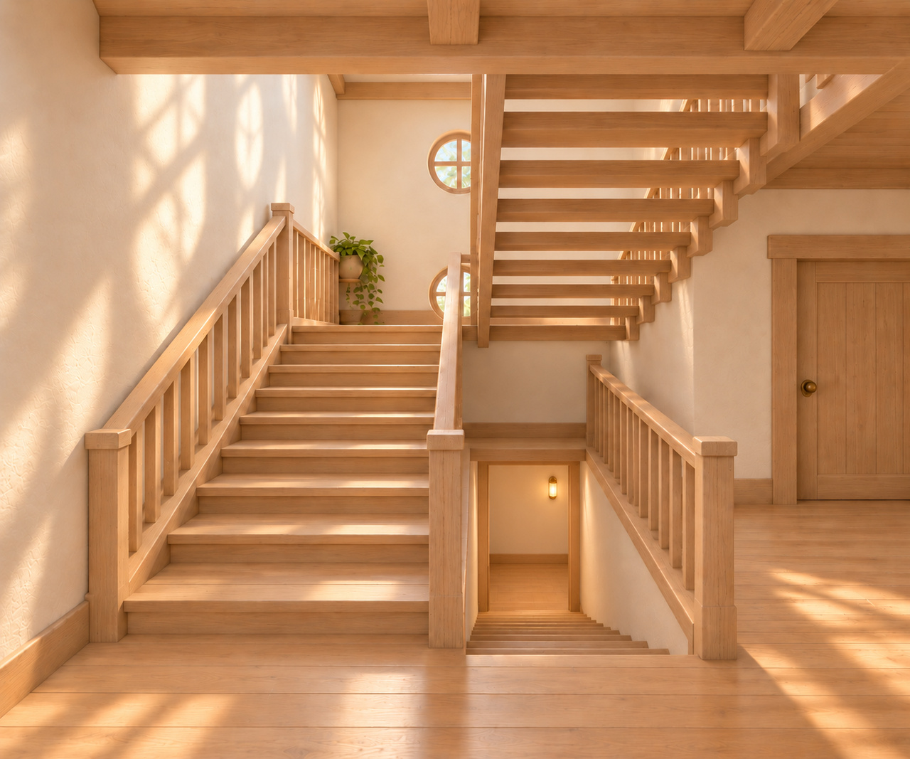 Helle Holztreppen im Wuselhaus: links U-Treppe zum ersten Stock, rechts gerade Kellertreppe mit sichtbarer freier Landefläche im Anbau