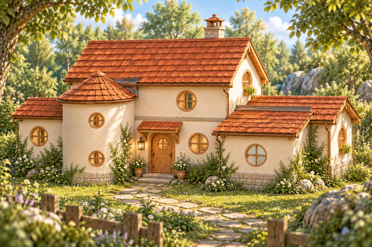 Märchenhaftes Wuselhaus von vorn: Holztür, runder Treppenturm, zwei runde Badfenster mit Milchglas und Blumenkästen unter roten Ziegeldächern
