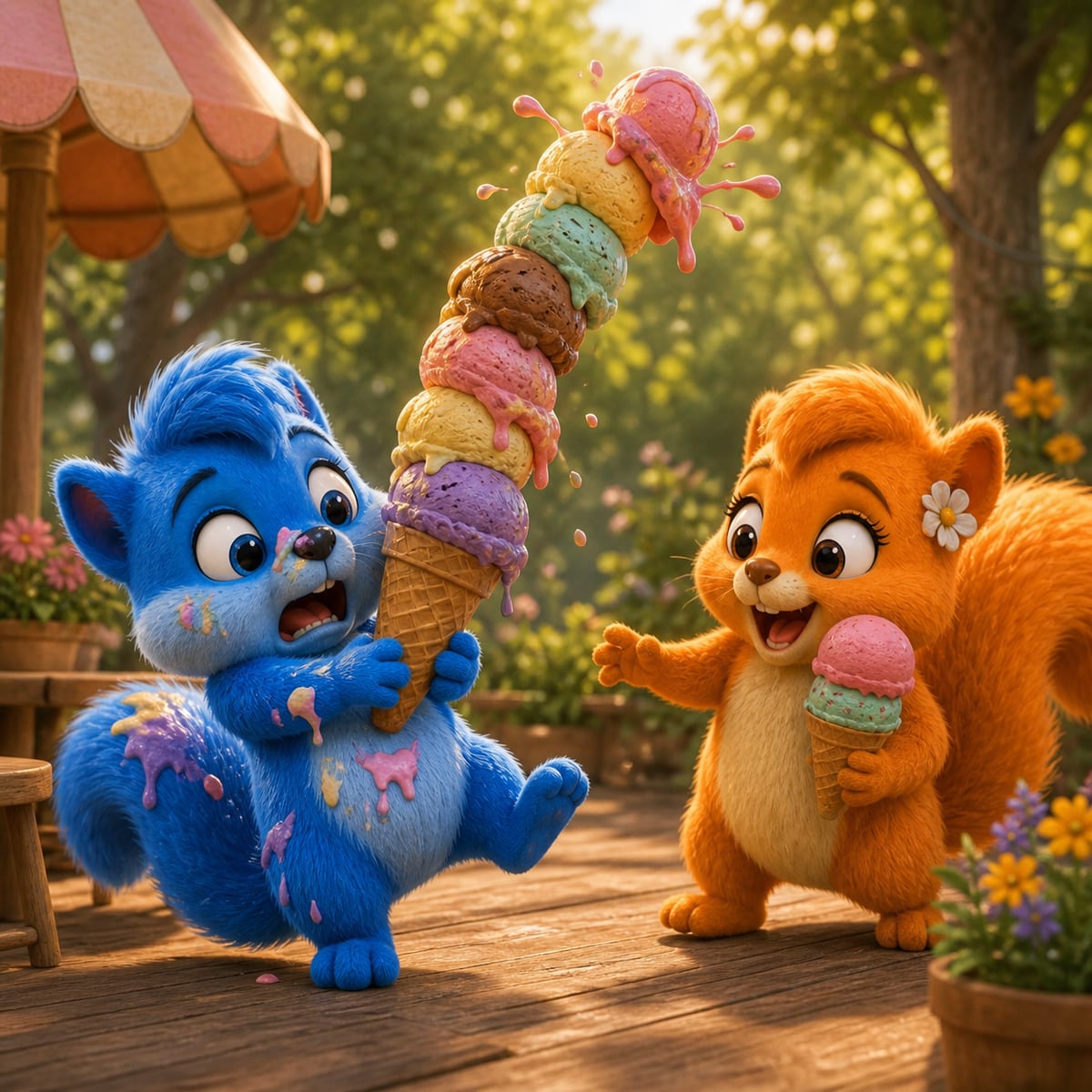 Puschel kippt mit einem riesigen wackelnden Eisturm um und ist mit Eis bekleckert, während Flauschi mit ihrem kleinen Eis herzlich lacht