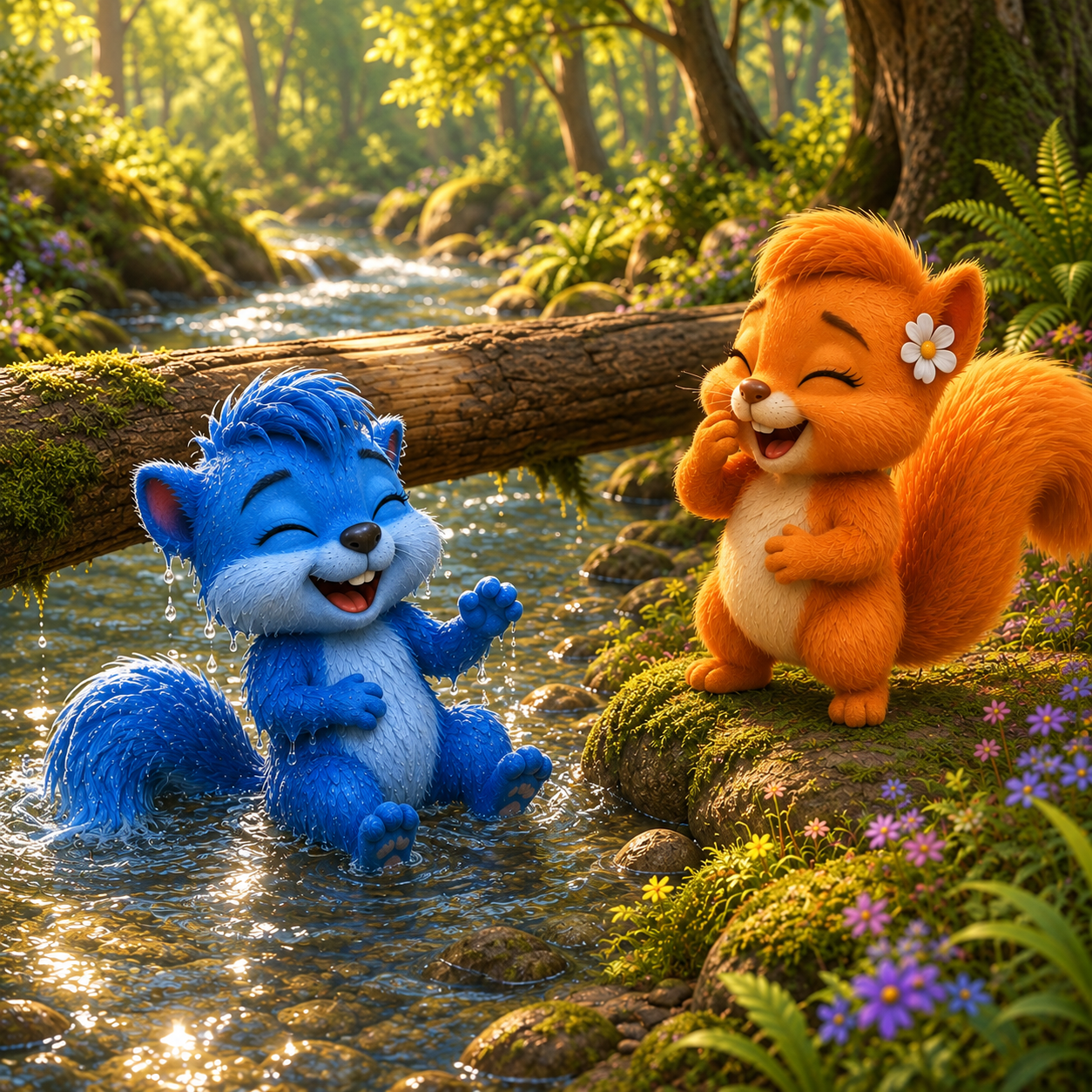 Der nasse Puschel sitzt lachend im Fluss, während Flauschi mit ihm lacht