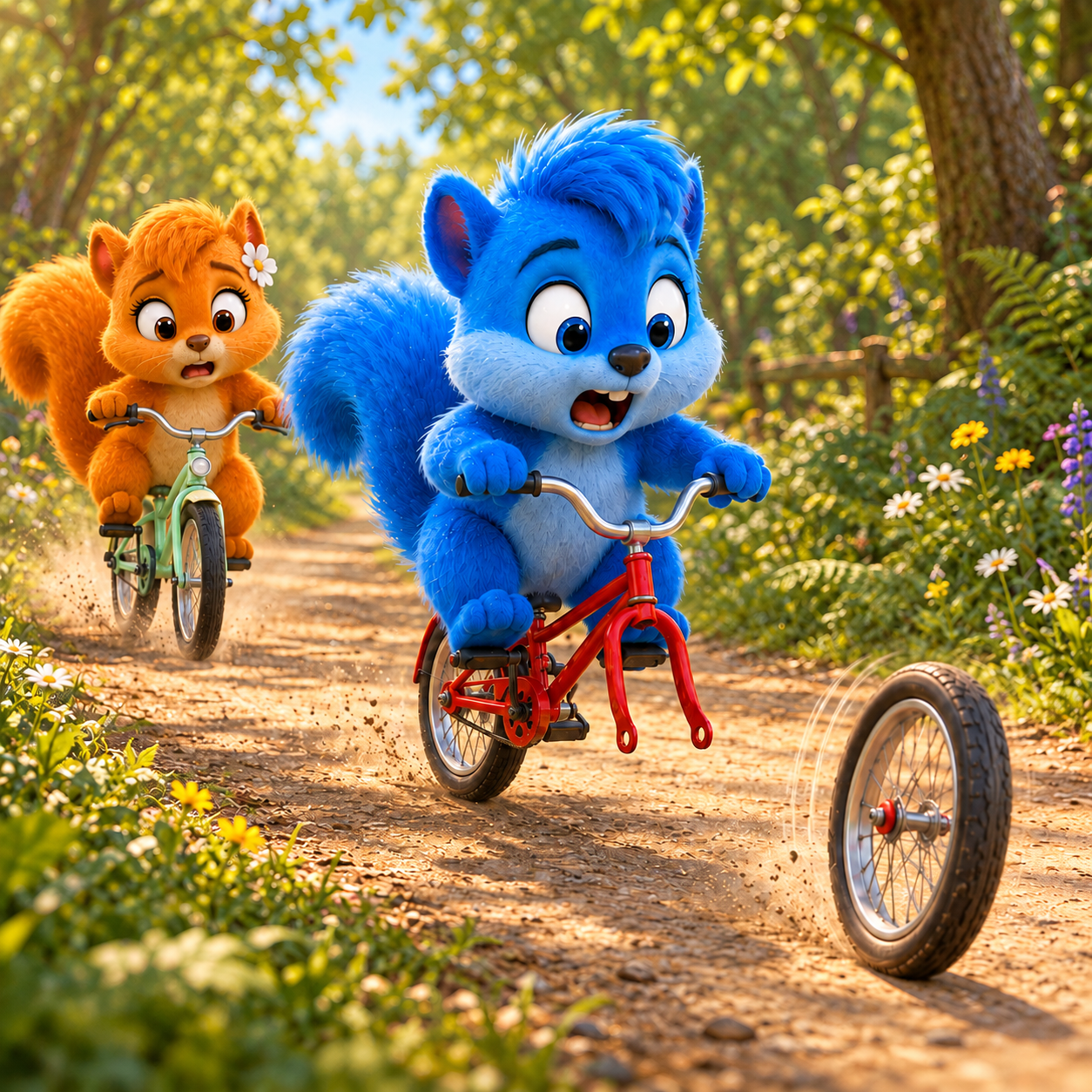 Puschels Vorderrad rollt allein über den sonnigen Waldweg, während er auf dem roten Fahrrad erschrickt und Flauschi hinter ihm bremst