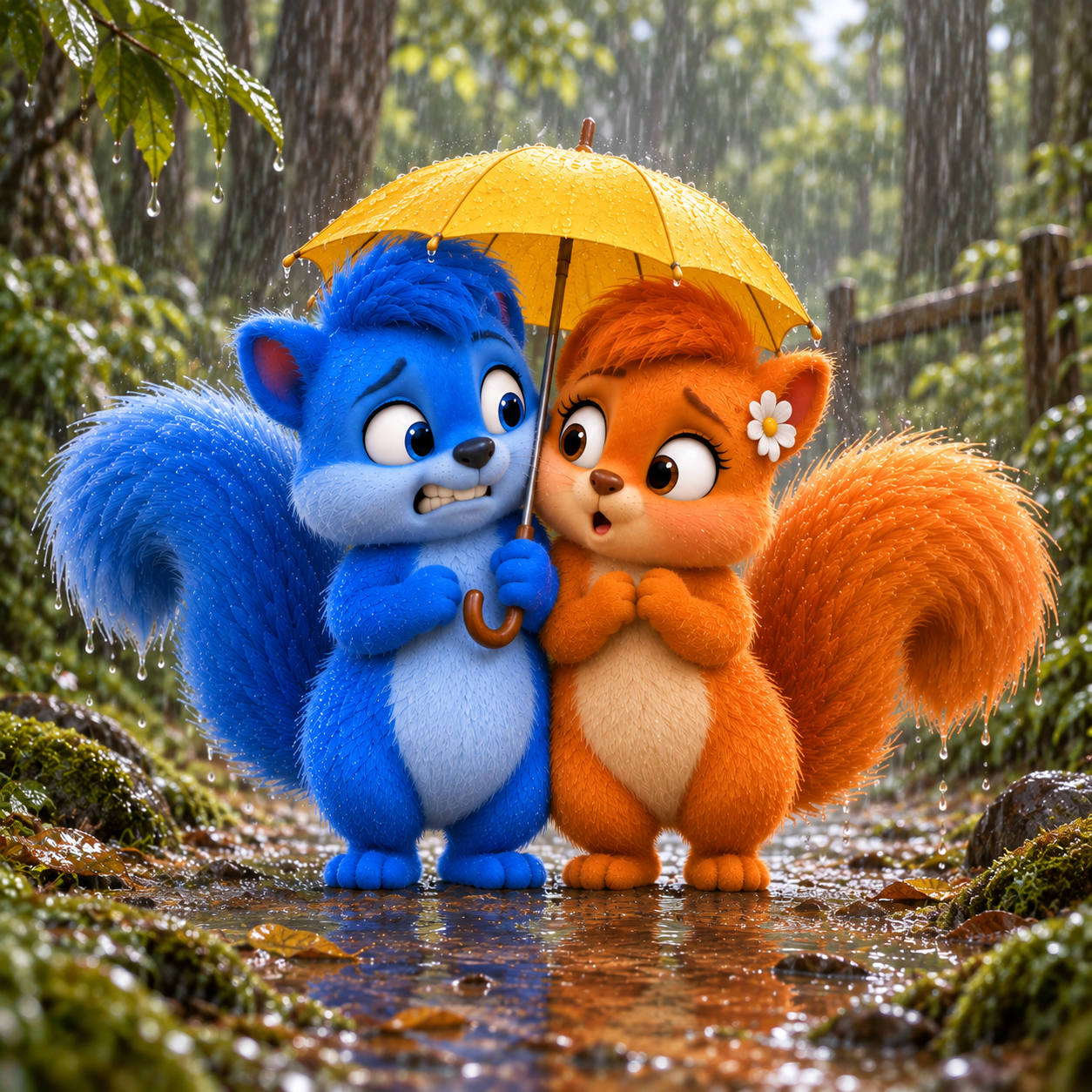 Puschel und Flauschi drängen sich überrascht unter einen kleinen gelben Regenschirm, während ihre großen Schweife im Regen stehen