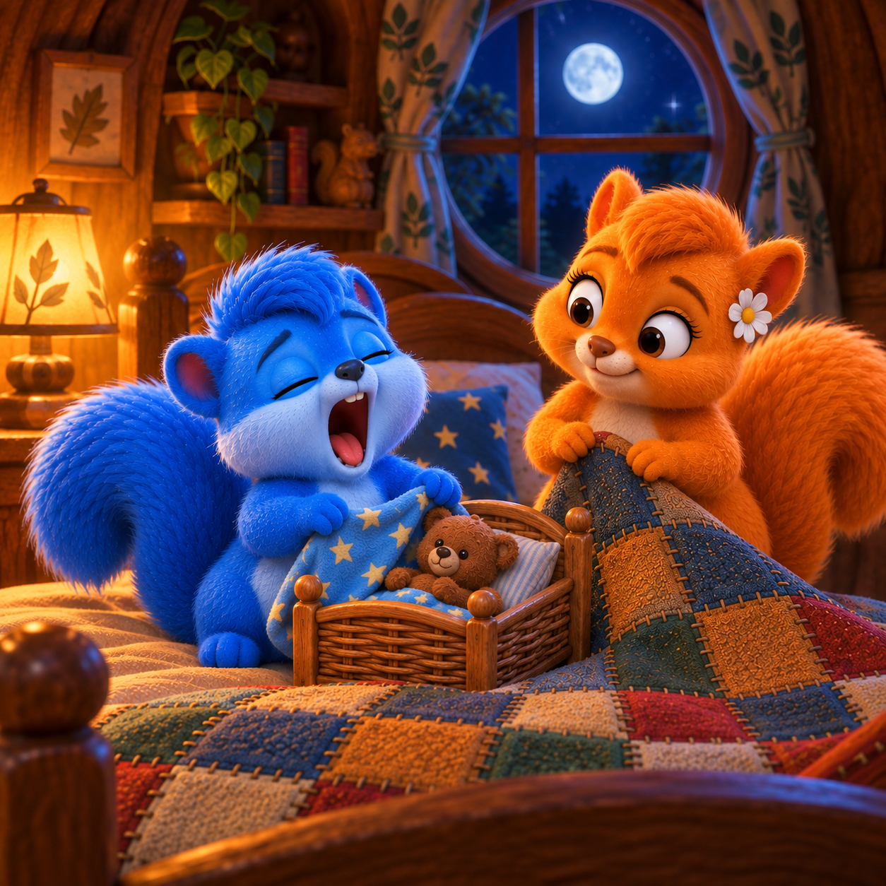 Puschel gähnt beim Zudecken seines kleinen Teddys im Körbchen, während Flauschi mit der großen Patchworkdecke am Bett wartet