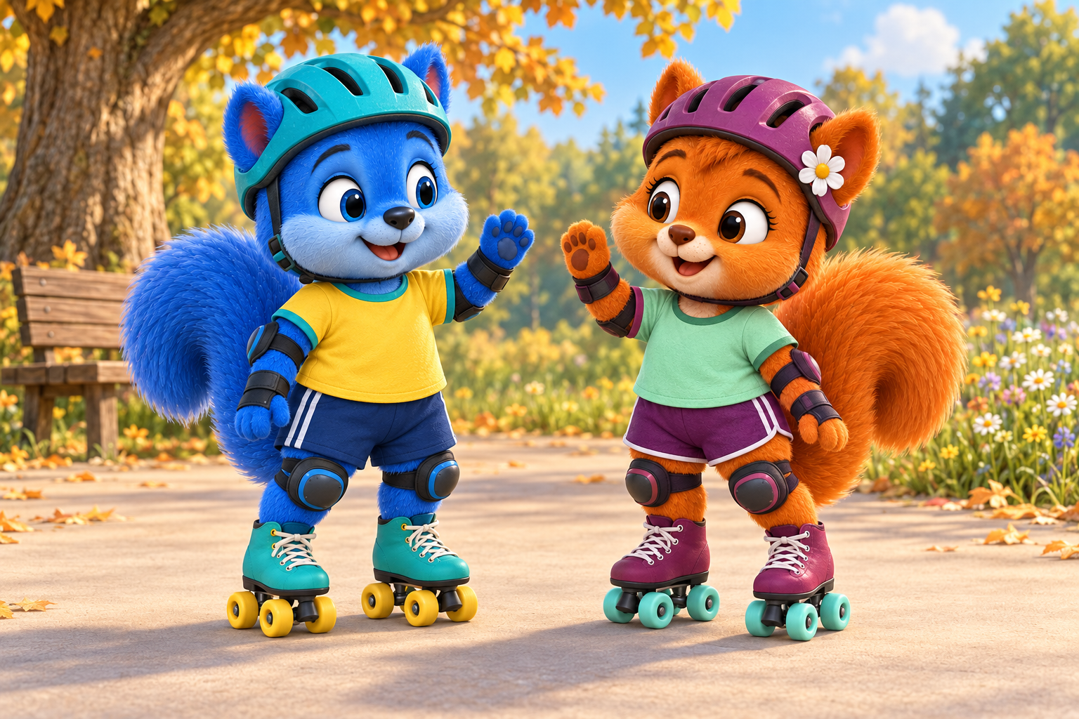 Puschel und Flauschi stehen gleich groß in sportlichen Shirts, Shorts, Helmen und Schonern auf neuen Rollschuhen am sonnigen Waldübungsplatz.
