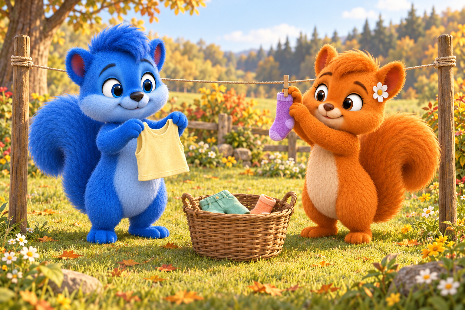 Puschel und Flauschi hängen kleine Wuselsachen auf einer Wiese auf.