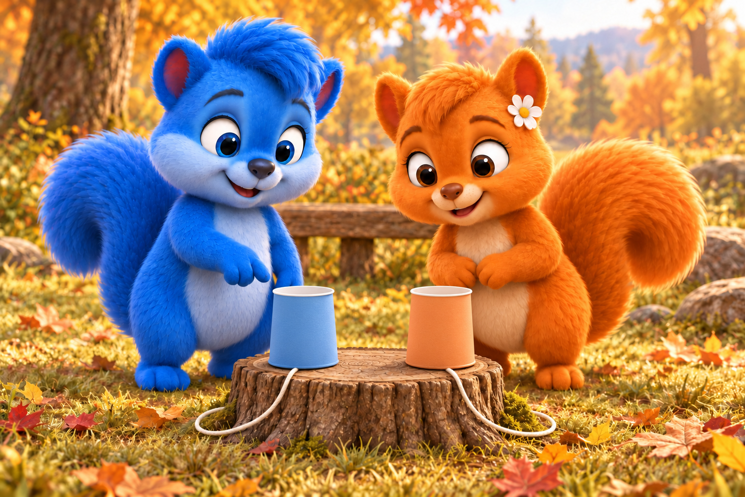 Puschel und Flauschi entdecken zwei Becher mit verbindender Schnur auf einem Baumstumpf.