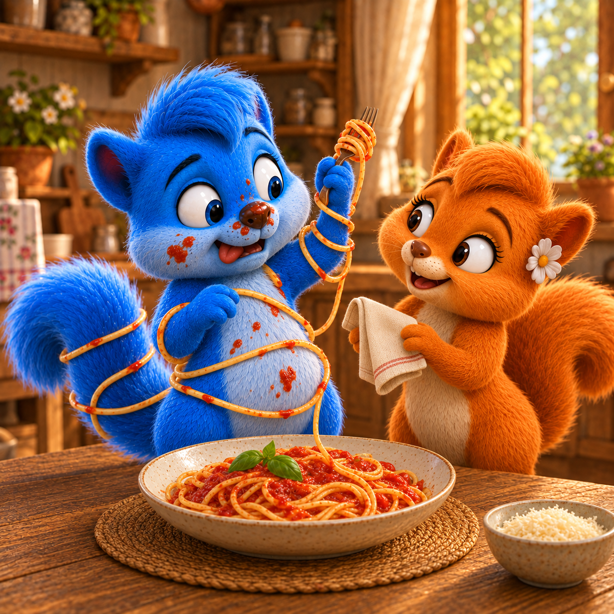 Puschel hat sich in einer Spaghetti verheddert, während Flauschi eine Serviette reicht