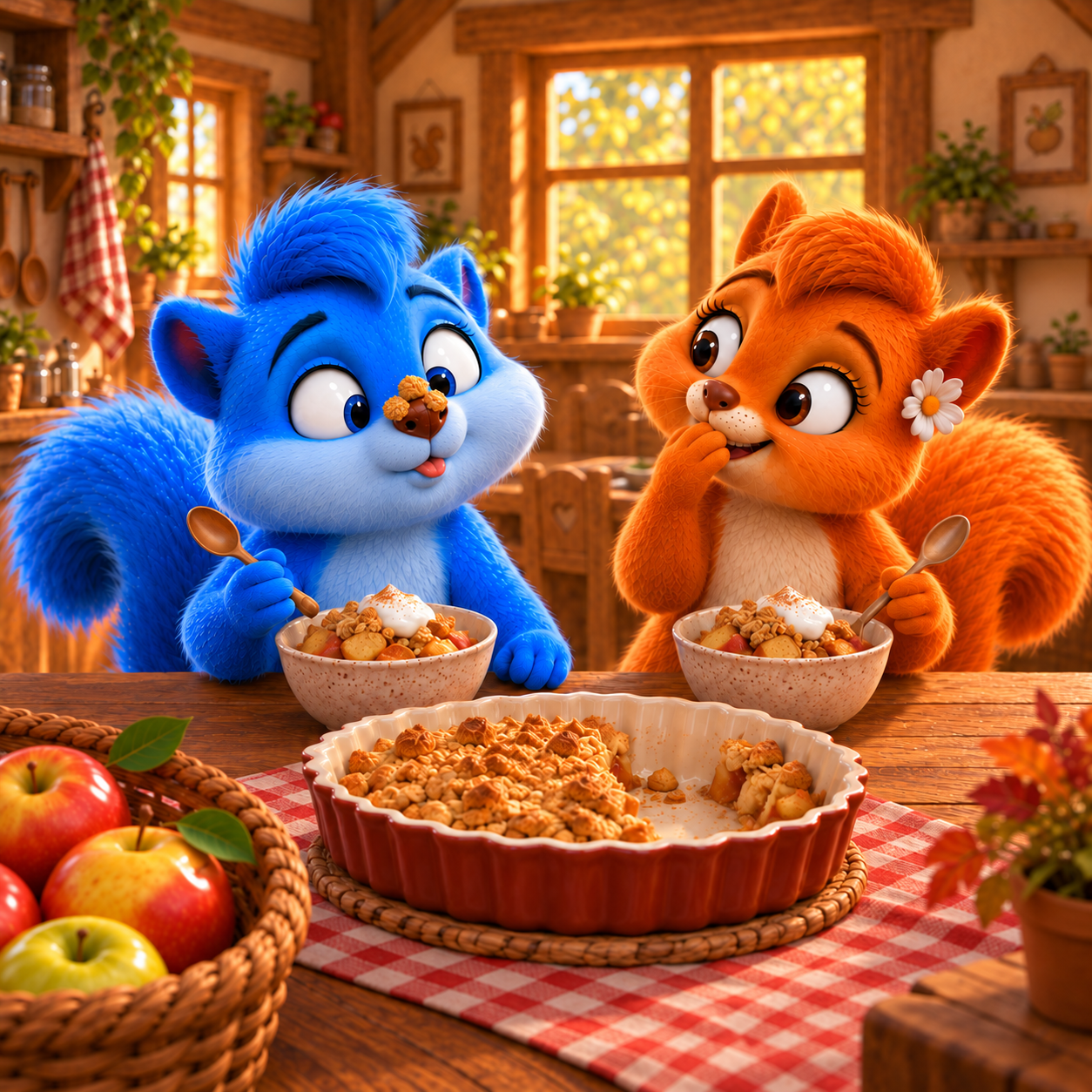 Puschel und Flauschi essen warmes Apfel-Crumble, während drei goldene Haferstreusel auf Puschels sauberer Nase liegen