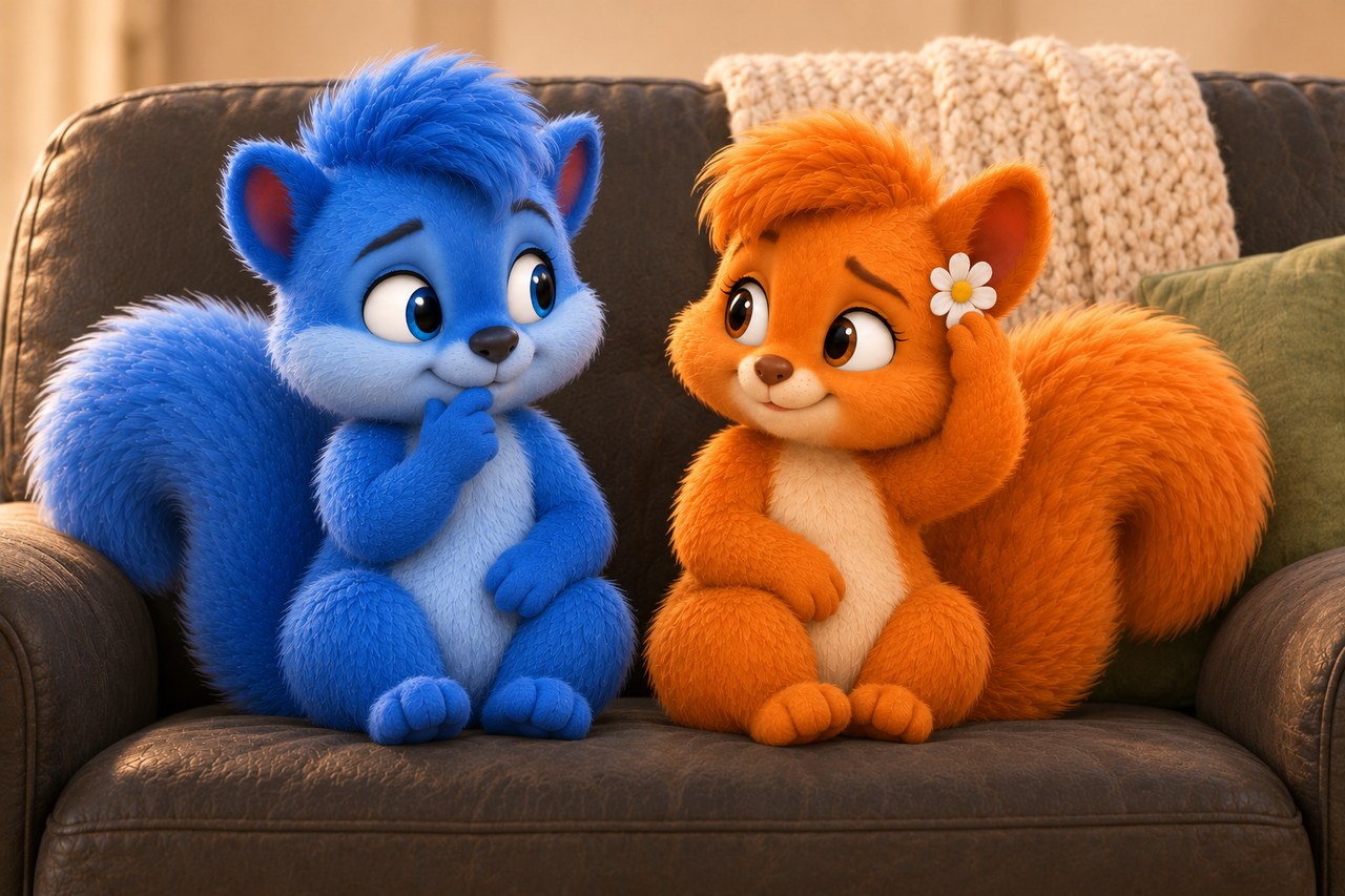 Puschel denkt auf dem schwarzen Sofa nach, Flauschi schaut ihn liebevoll und schmunzelnd an.