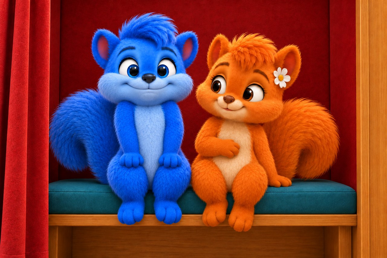 Puschel sits with raised shoulders and a stiff smile beside Flauschi on the teal bench.