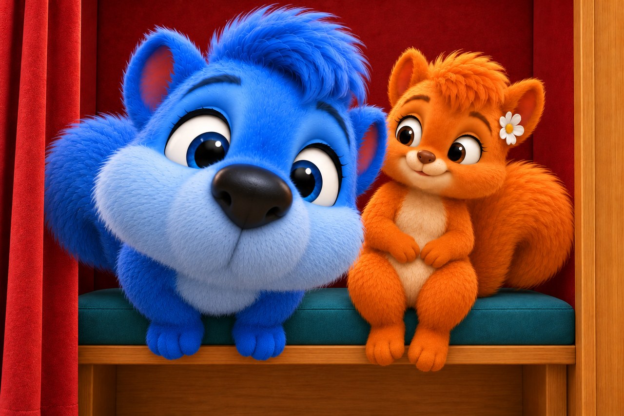 Puschel's curious nose is very close to the camera, with Flauschi smiling behind him.