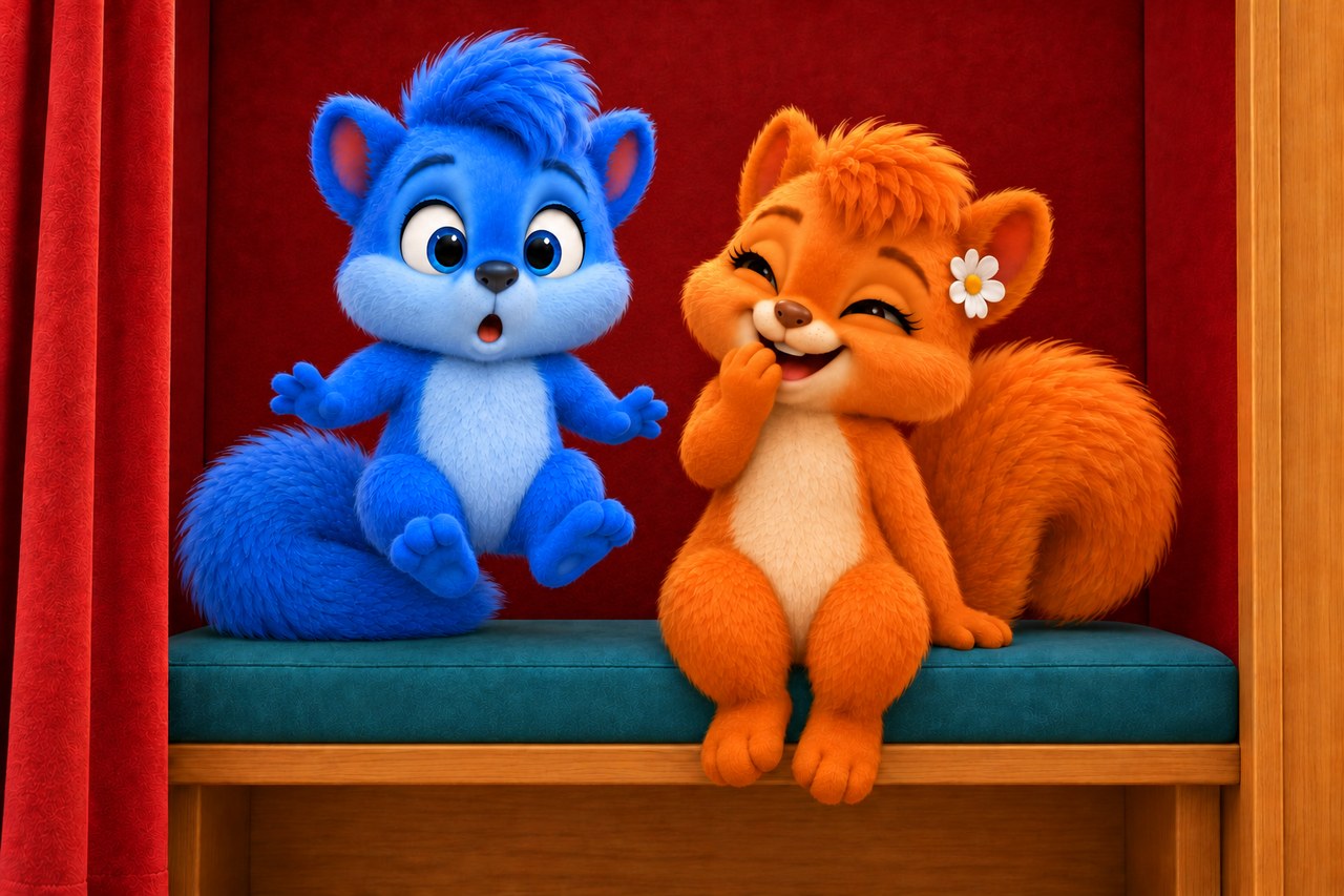Puschel gives a startled hop above his tail while Flauschi giggles warmly.