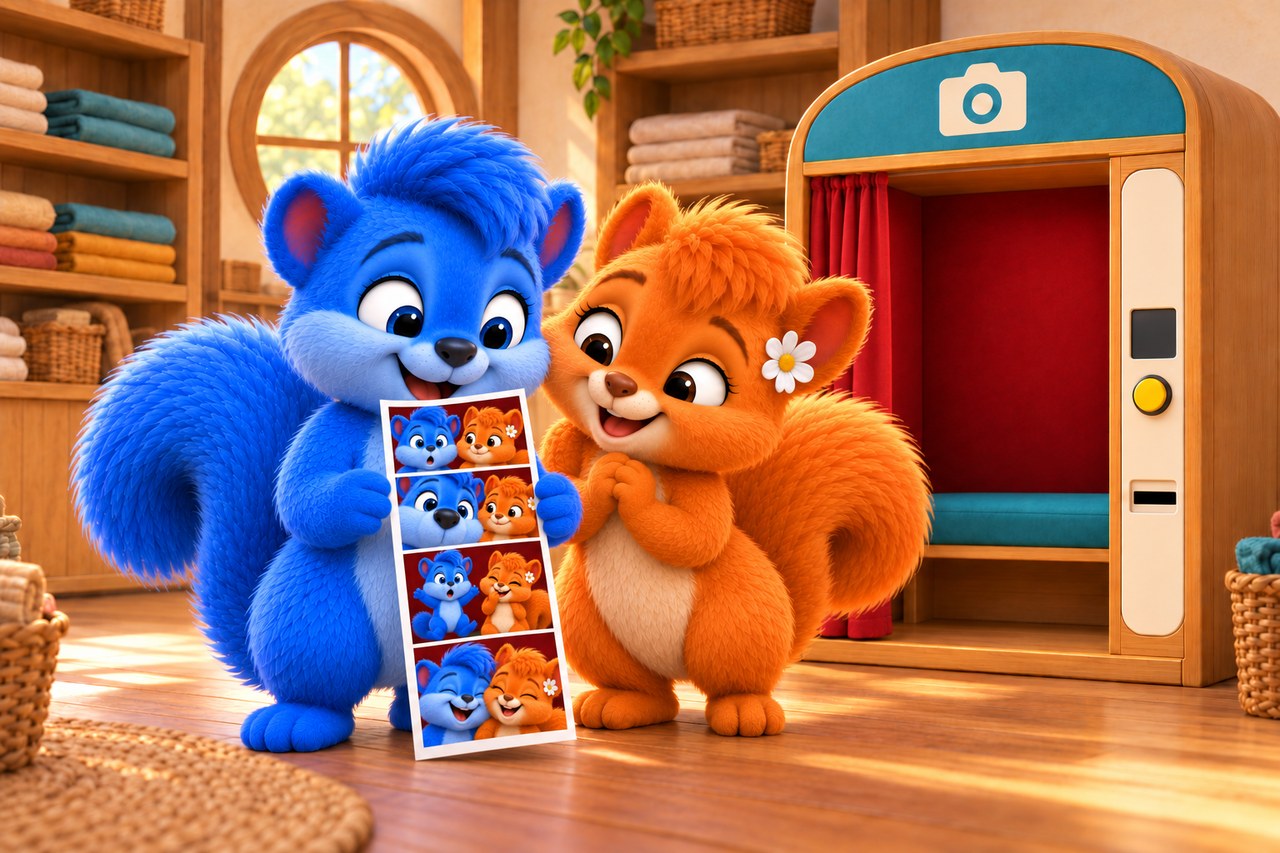 Puschel and Flauschi look at a strip of four funny photographs beside the same photo booth.