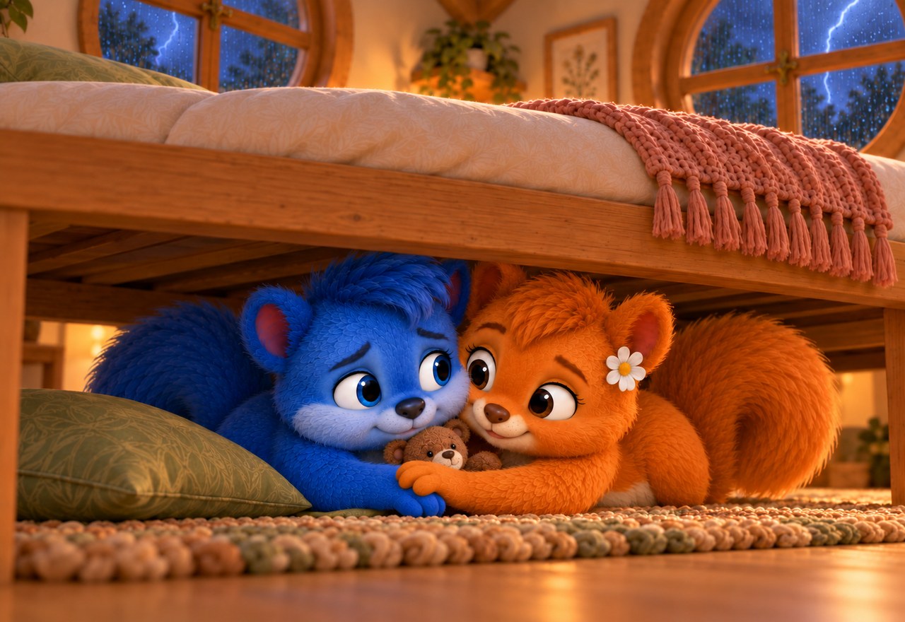 Die gleich großen Puschel und Flauschi liegen gemeinsam unter dem Bett. Flauschi hält seine blaue Pfote, Teddy liegt zwischen ihnen.