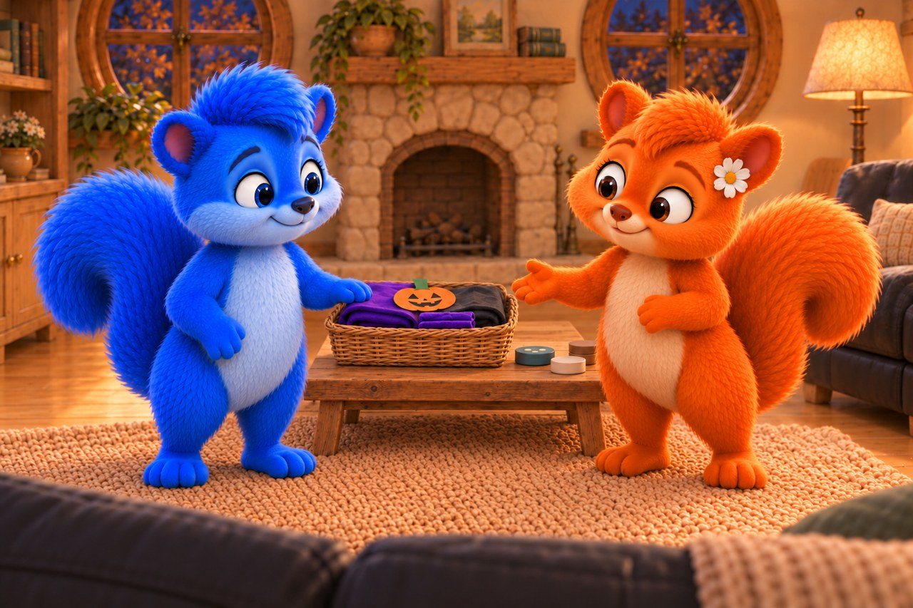 Puschel and Flauschi stand without face paint, their feet visible, in the warmly lit living room. Three folded capes fill a basket on the low table, with a paper pumpkin on top. A switched-off LED light and closed face-paint pots stand beside it.