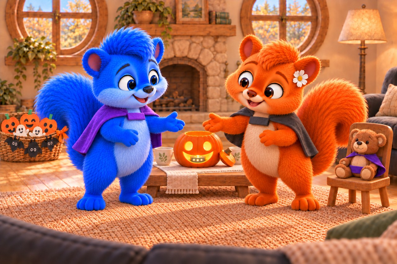 Puschel in his short purple cape and Flauschi in her short dark cape practise a friendly greeting in their familiar living room. Two cups and the friendly LED pumpkin lantern stand on the low table. The familiar paper decorations and the little brown stuffed Teddy in his purple cape are there too.