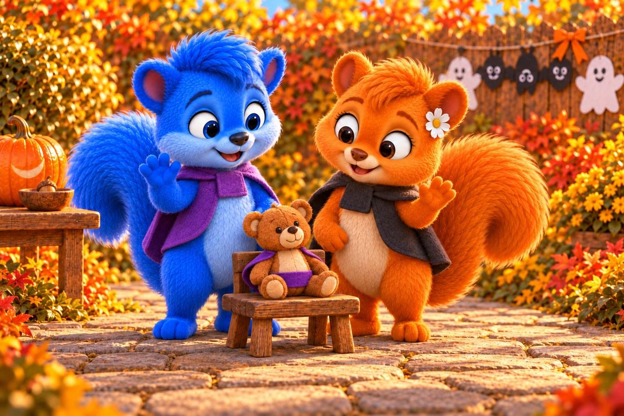 Puschel im kurzen violetten und Flauschi im kurzen dunklen Umhang winken auf dem freien Gartenweg. Ihre Füße und Schweife bleiben frei. Der kleine braune Stoffteddy sitzt mit violettem Umhang auf einem niedrigen Hocker.