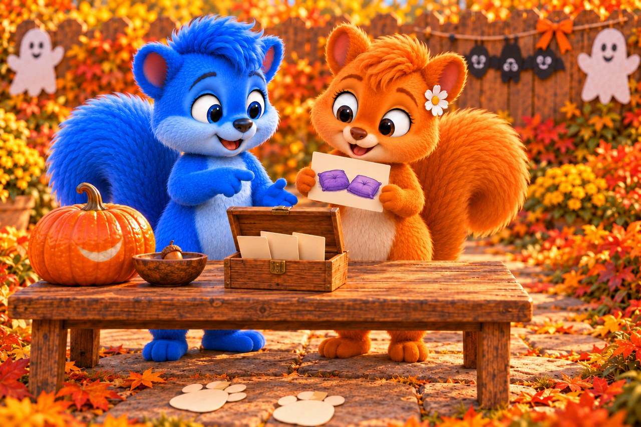 Puschel and Flauschi stand at the low garden table beside an open wooden box containing three picture cards. Flauschi holds the new card showing two purple cushions while Puschel points to it.