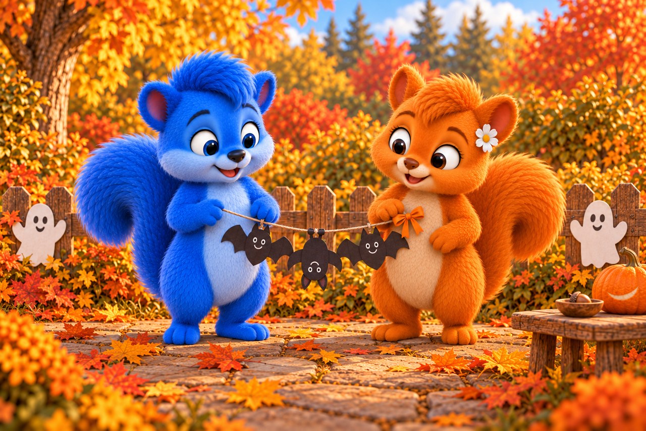Puschel and Flauschi stand in the autumn garden beside the clear stone path, holding a short garland with three paper bats. The middle bat hangs upside down and the orange bow is at the right. Behind them are the low fence with two paper ghosts and the small table with the whole pumpkin and acorn bowl.
