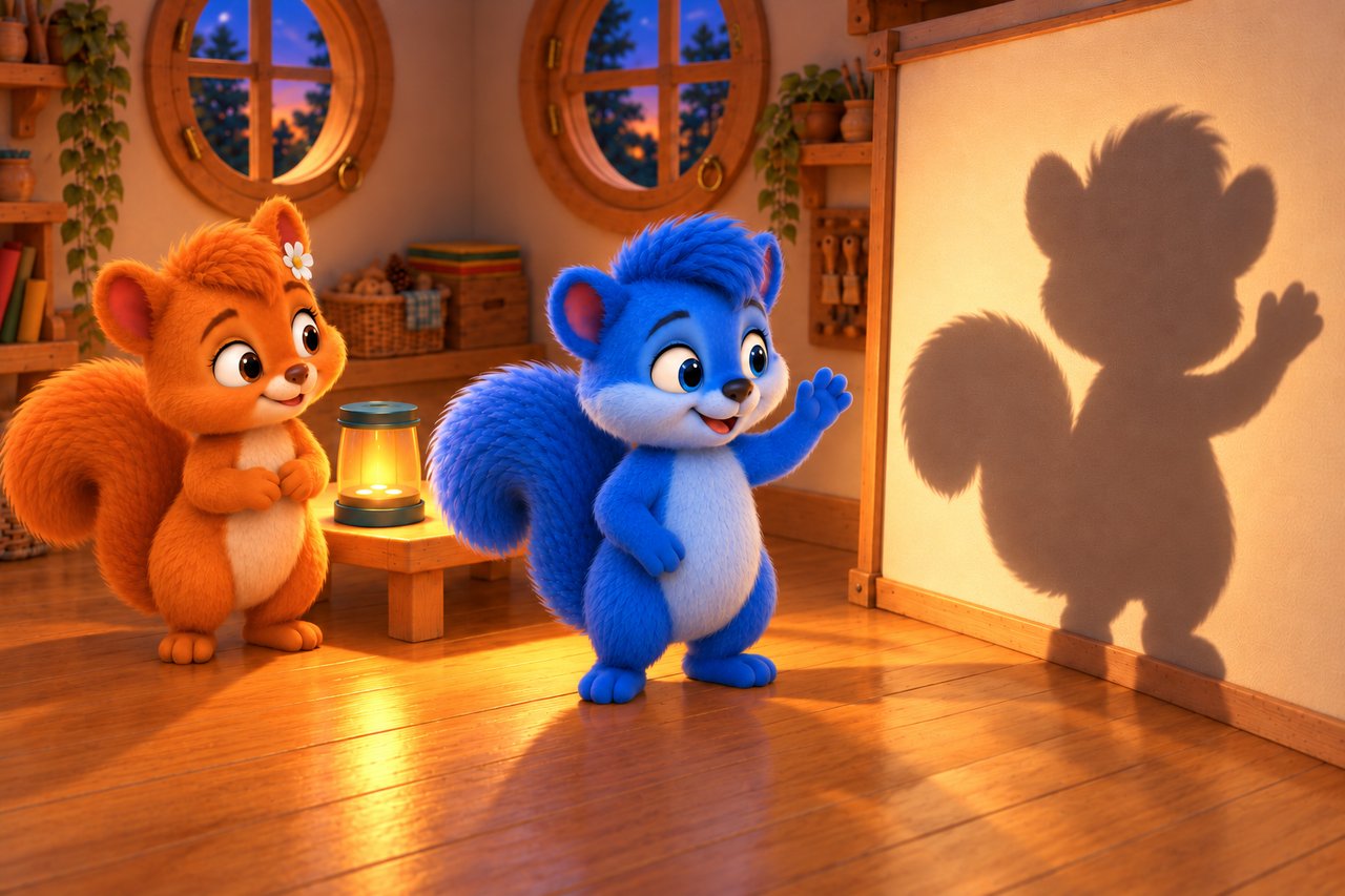 In the familiar workshop, blue Puschel waves between the LED lantern and a plain canvas. A single large shadow with his ears, tail and waving paw appears on it. Orange Flauschi watches beside the light.