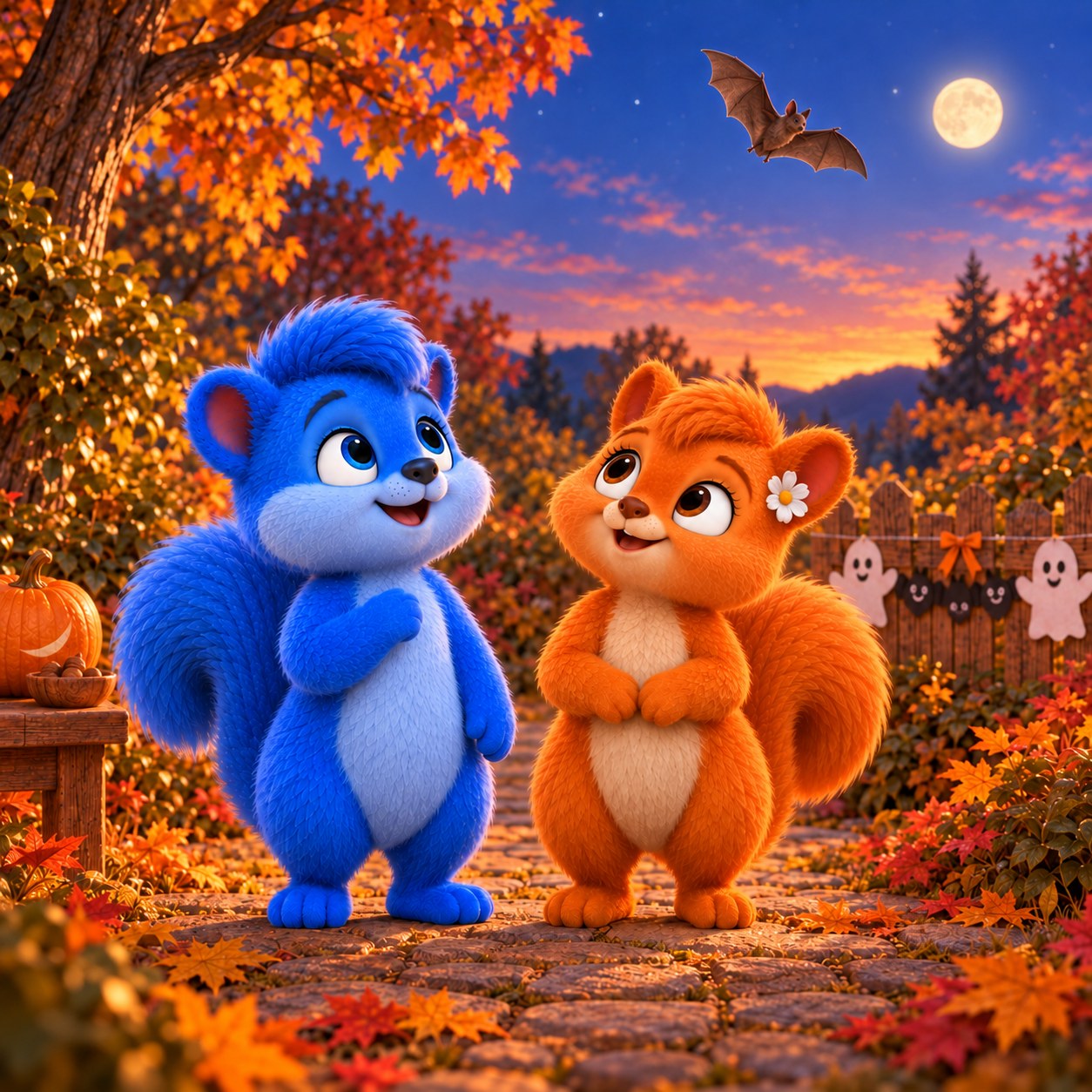 Puschel und Flauschi stehen auf dem freien Gartenweg und schauen mit Abstand zu einer kleinen braunen Fledermaus am Abendhimmel. Am Zaun hängen die bekannten Papiergespenster und drei Papierfledermäuse, die mittlere kopfüber.