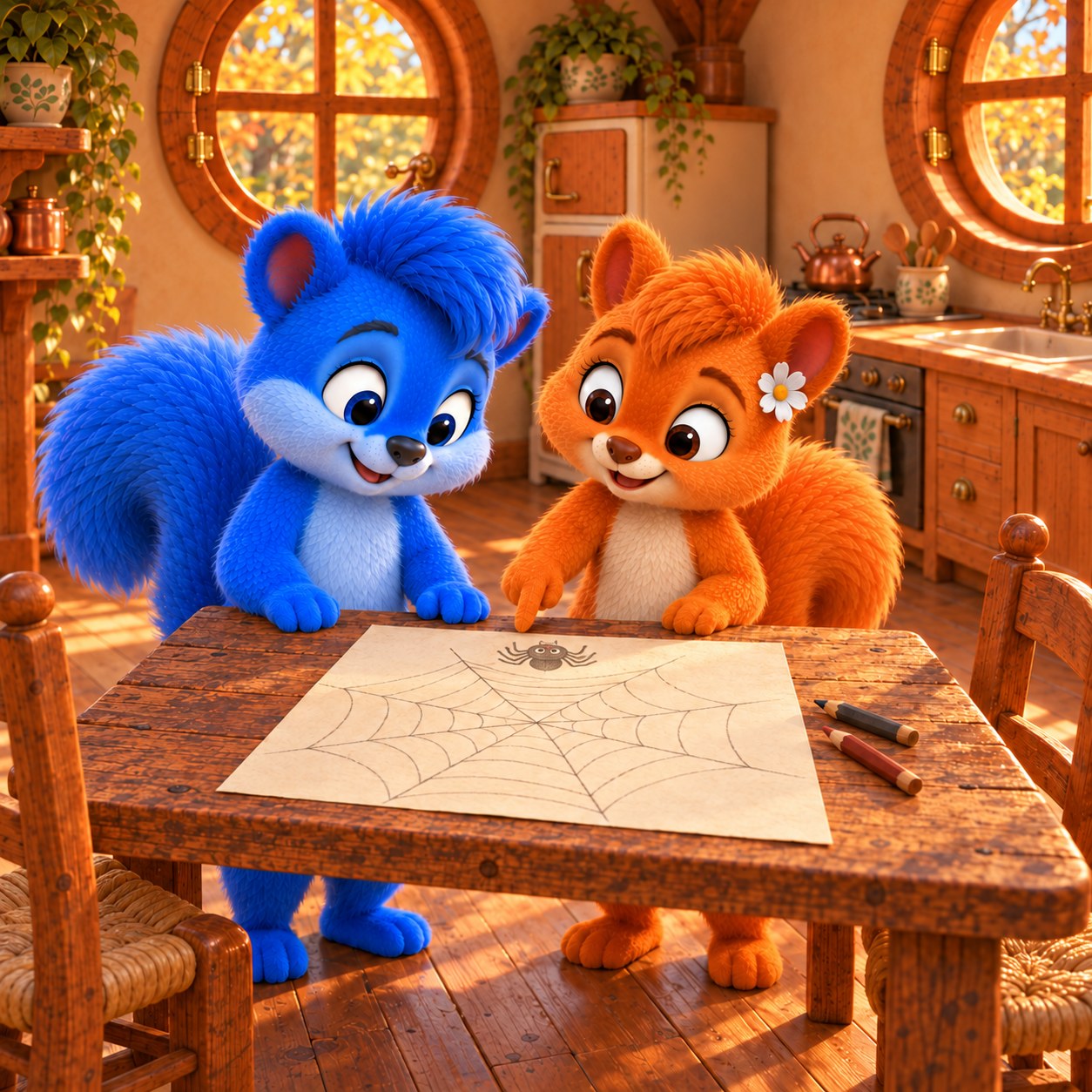 Puschel und Flauschi stehen am niedrigen Tisch ihrer gemütlichen Küche und bestaunen ein großes gezeichnetes Spinnennetz mit einer kleinen gemalten Spinne auf einem Papierblatt.