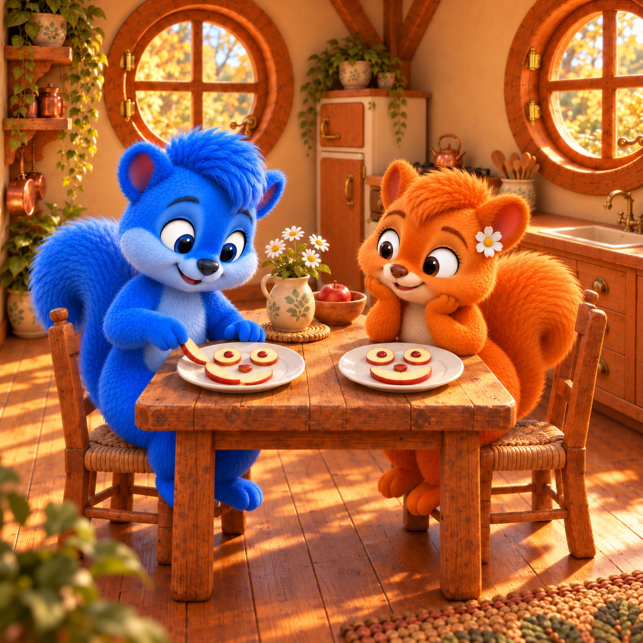 Der blaue Puschel und die gleich große orange Flauschi sitzen am Holztisch ihrer vertrauten Küche. Auf zwei Tellern liegen freundliche Gesichter aus Apfelstücken ohne Zähne. Puschel legt ein Stück an seinen schief lächelnden Apfelmund.