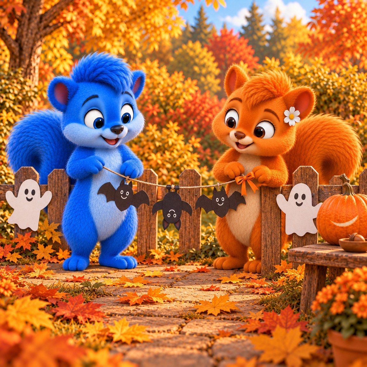 Der blaue Puschel und die gleich große orange Flauschi stehen am niedrigen Gartenzaun. An ihrer kurzen Girlande hängen drei dunkle Papierfledermäuse, die mittlere kopfüber. Flauschi bindet eine orange Schleife; die weißen Papiergespenster, der ganze Kürbis und die Eichelschale bleiben daneben.