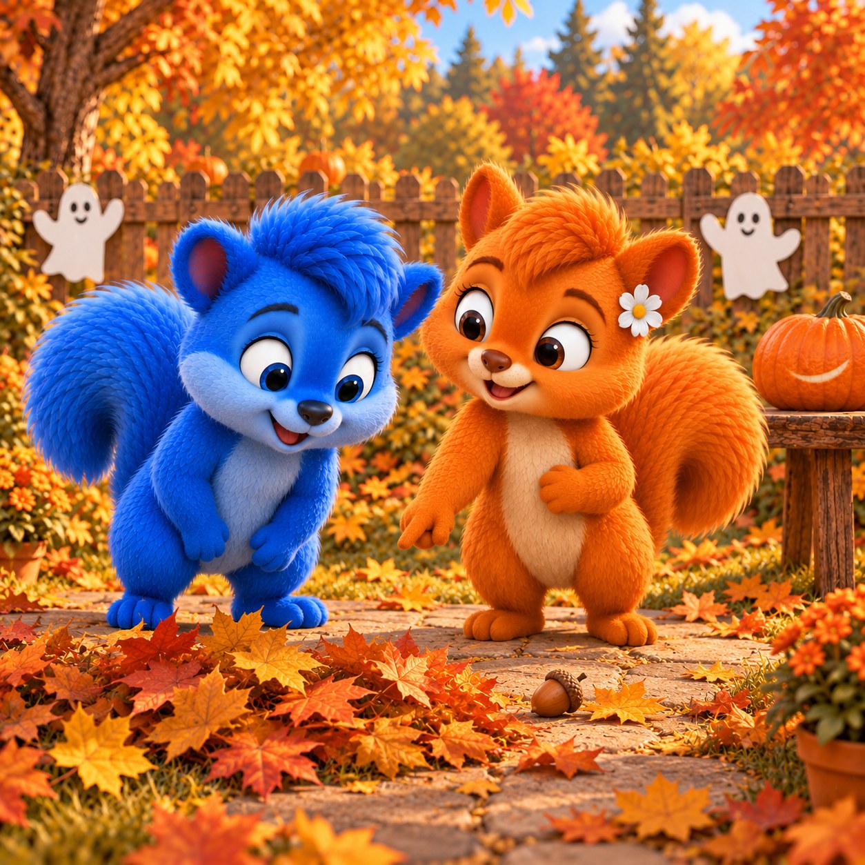 Der blaue Puschel späht um einen kleinen offenen Laubhaufen. Die gleich große orange Flauschi zeigt auf eine braune Eichel. Ihre weißen Papiergespenster winken am Gartenzaun; auf dem niedrigen Tisch steht der ganze Kürbis mit heller Sichelstelle.