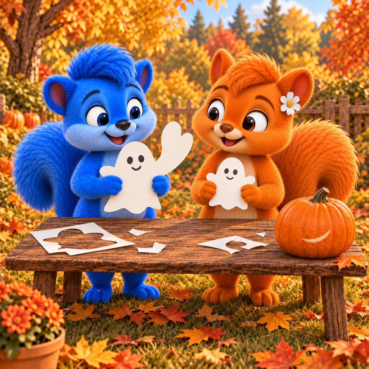 Der blaue Puschel und die orange Flauschi stehen gleich groß am niedrigen Gartentisch. Puschel hält ein freundliches Papiergespenst mit riesiger Winkepfote, Flauschi ein kleineres. Der ganze Kürbis steht daneben.