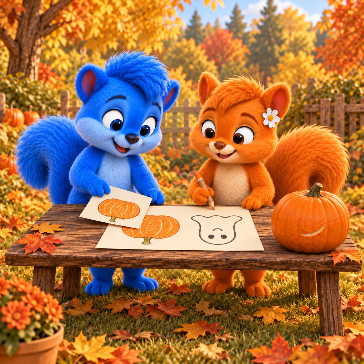 Puschel und Flauschi stehen am niedrigen Gartentisch und planen mit Papierbildern ihr Halloweenfest; der ganze Kürbis steht daneben.