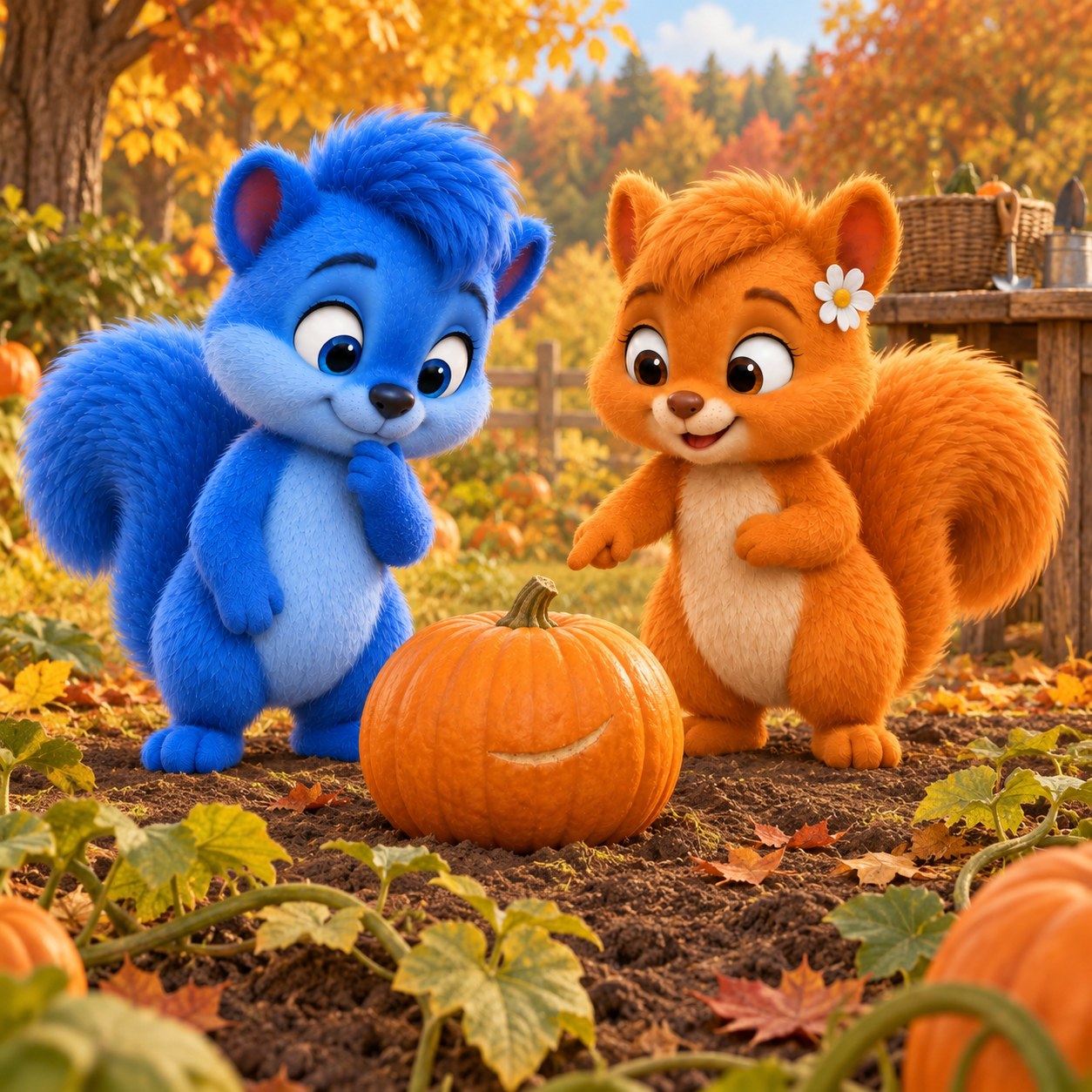 Puschel und Flauschi stehen im herbstlichen Kürbisgarten und betrachten einen ganzen orangefarbenen Kürbis mit einer hellen, gebogenen Stelle auf der Schale.