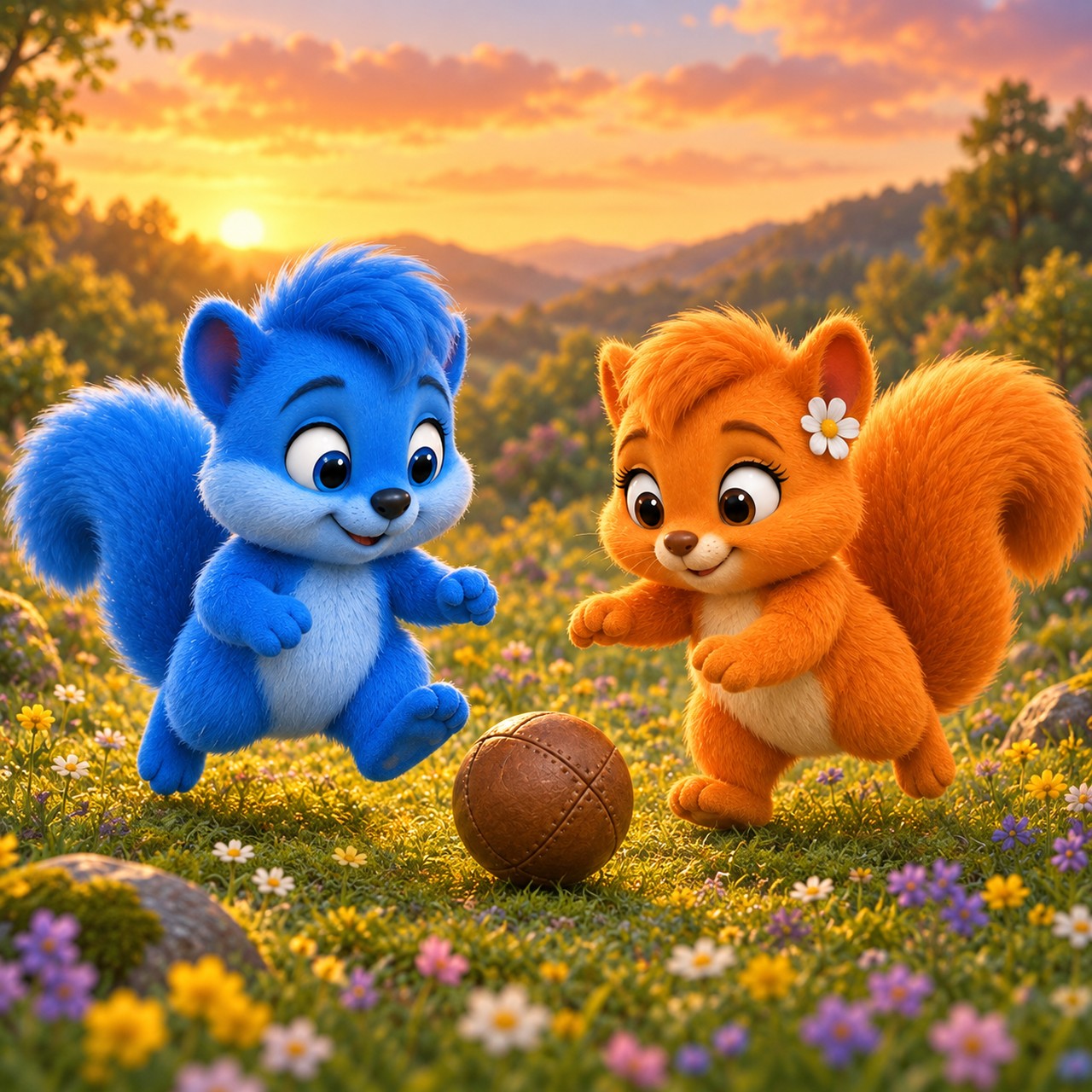 Ein blaues und ein oranges Wuselhörnchen stehen gemeinsam auf einem moosigen Hügel im Morgenlicht