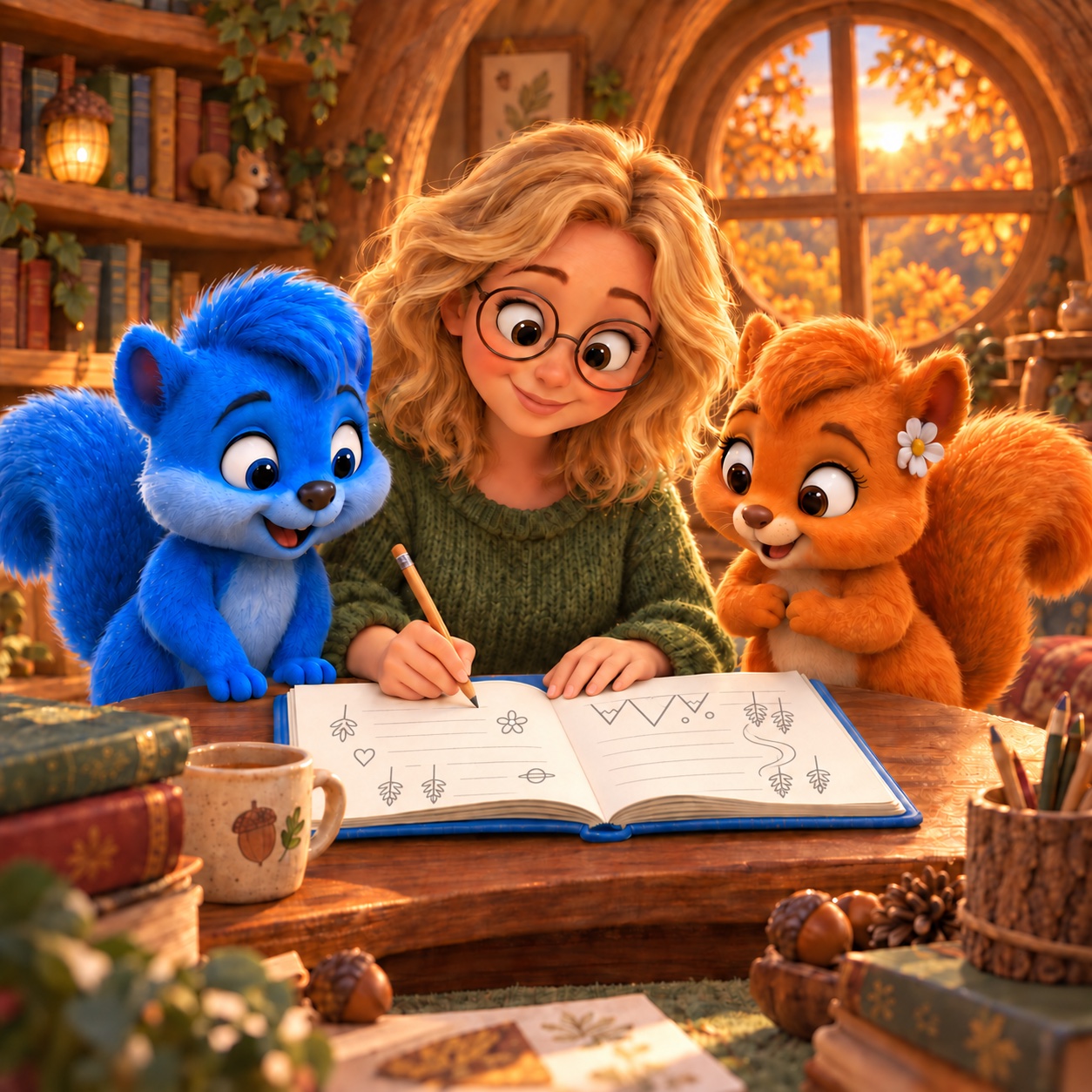 Die blonde Fantasiefigur Lumi schreibt im Wuselhaus in ein Geschichtenbuch, während Puschel und Flauschi neugierig zusehen