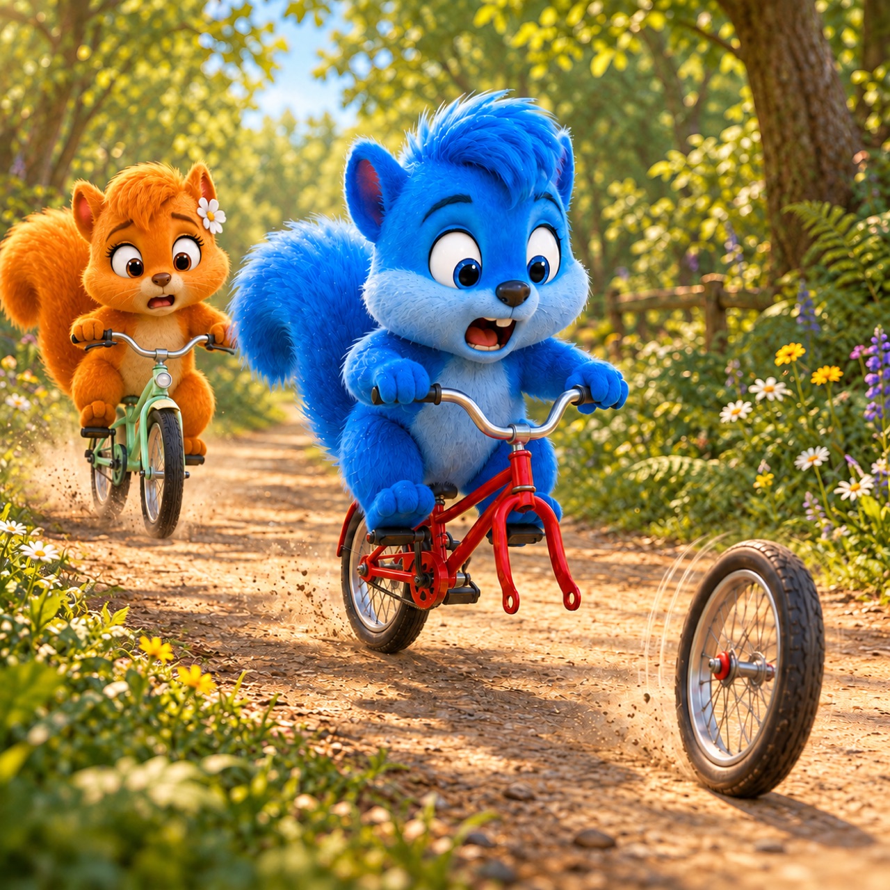 Puschels Vorderrad rollt allein über den sonnigen Waldweg, während er auf dem roten Fahrrad erschrickt und Flauschi hinter ihm bremst