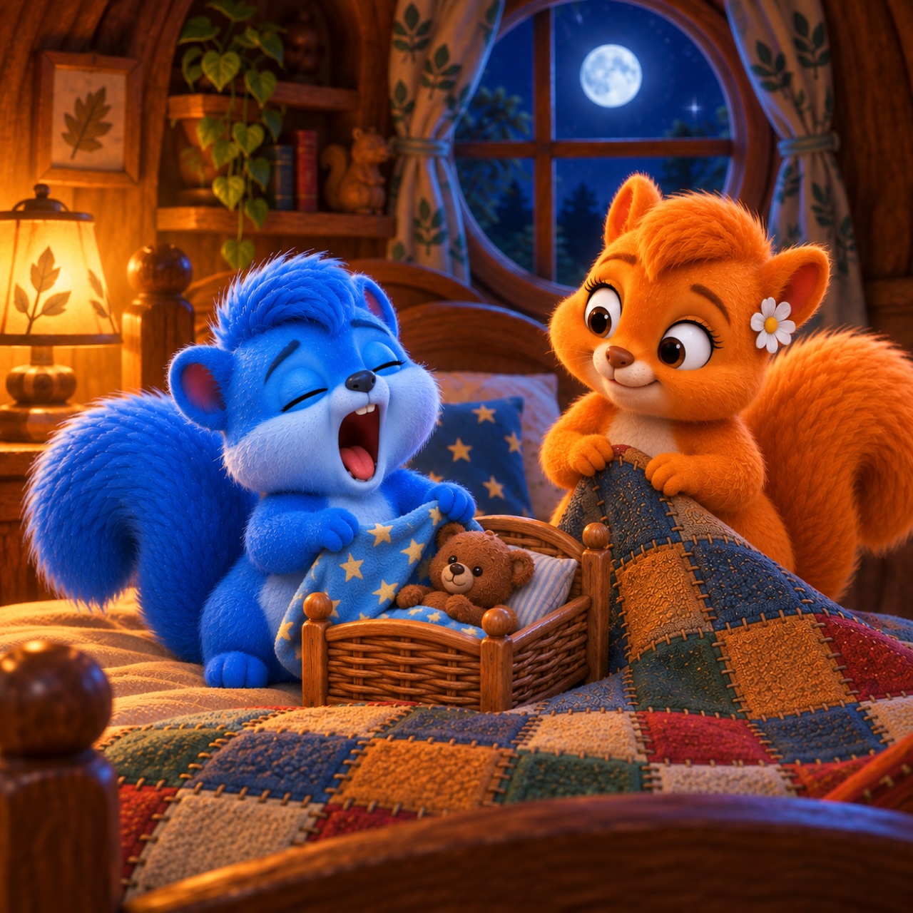 Puschel gähnt beim Zudecken seines kleinen Teddys im Körbchen, während Flauschi mit der großen Patchworkdecke am Bett wartet