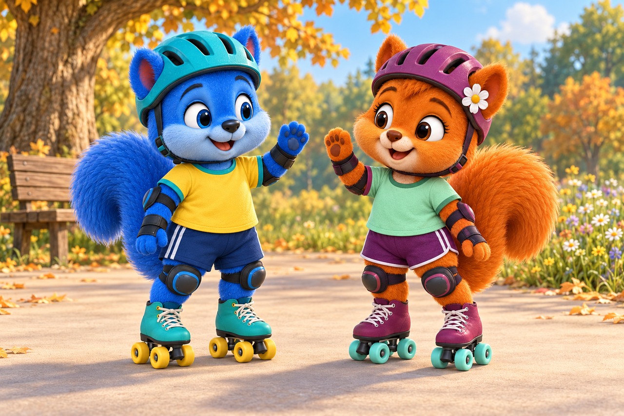 Puschel und Flauschi testen ihre neuen Rollschuhe. Puschel landet immer wieder auf dem Po und auf der Nase – bis liebevolle Hilfe und kleine Übungsschritte ihn ins Rollen bringen.